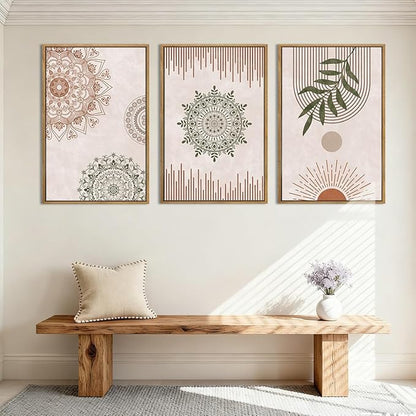 Anyzal Boho Wall Art Framed Large Abstract Geometric Line Paintings Mid-century Modern Plant Wall Decor for Bedroom Living Room Office 16x24 Inches 3 Piece