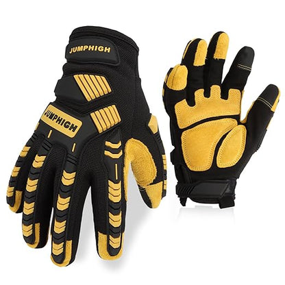 JUMPHIGH Work Gloves for Men, Heavy Ducty TPR Protector Impact Gloves, Anti Vibration, Abrasion Resistance, Flex Grip, Touch Screen (M)