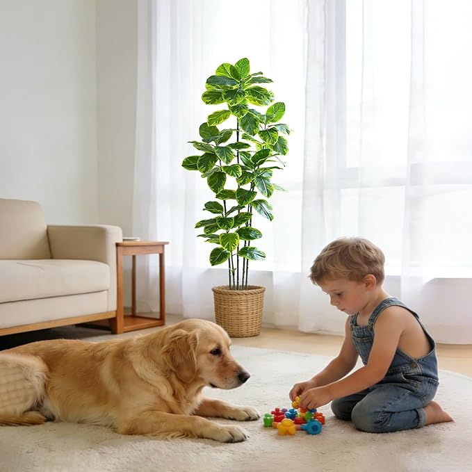 Ficus Tree Artificial Plants Indoor, 6FT Tall Fake Trees in White Pot, Large Potted Silk Floor Plant Artificial Trees, Green Lifelike Faux Ficus Tree for Home Room Office Porch Decor-Yellow