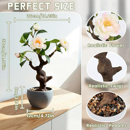 TOARTi Artificial Camellia Potted Plant with Stone Pot, 15" Tall Fake Potted Flowers Faux Plants Desk Decor, Realistic Decorative Plants Indoor Decor for for Home Bedroom Bathroom Office