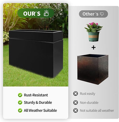 Metal Rectangular Planter Box, Powder Coating Steel Large Planters 35" L x 9" W x 26" H with Drainage Hole, Indoor Outdoor All-Weather Use for Home, Porch, Patio, Garden(Black)