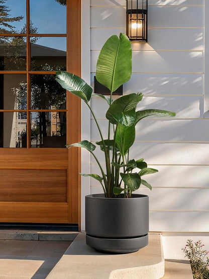 LE TAUCI 14 Inch Large Plant Pot with Saucer, Ceramic Outdoor & Indoor Big Planter with Drainage Hole, Mesh Pad & Plug Included, Unglazed Porous, Modern for Home and Patio, Charcoal Gray