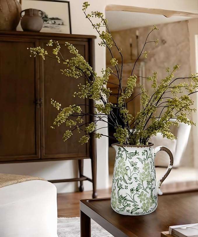 Ceramic Rustic Farmhouse Vase, 7.9" Green and White Vase for Centerpieces Chinoiserie Vases Pottery Jug with Handle Chinoiserie French Country Decor Vintage Vases for Living Room Kitchen Dinner Table