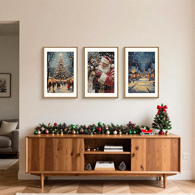 Aryroi Large Enchanting Christmas Framed Canvas Wall Art Set,Santa Claus Reindeer Wall Decor,Magical Glowing Christmas Tree Artwork,Winter Snowy Village Art Print for Living Room,Bedroom- 24"x36"x3
