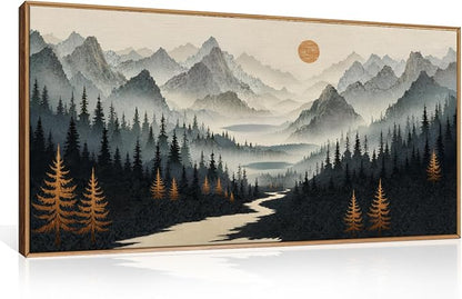 Ausril Watercolor Misty Forest Framed Canvas Wall Art Set, Foggy Mountain Wall Decor, Misty Pine Tree Wall Painting, Large Nature Landscape Art Prints for Living Room, Bedroom, Office - 20"X40"