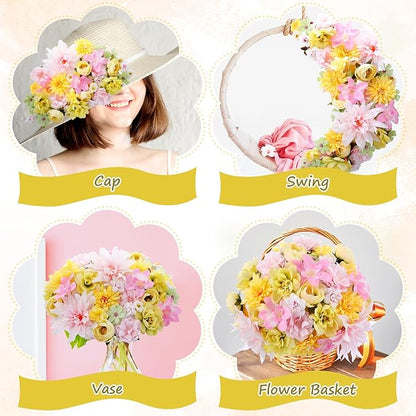 80 Pcs Assorted Fake Flower Heads Mini Artificial Flower Heads Bulk Silk Faux Daisy for Crafts Fake Peony Rose for Wedding Party Wreath Home Decoration (Pink, Green, Yellow)
