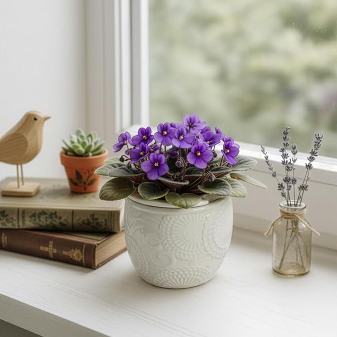 6.5” Ceramic Self Watering African Violet Planter with Embossed Floral Design – Durable Indoor Plant Pot for Orchids, Succulents, and Houseplants