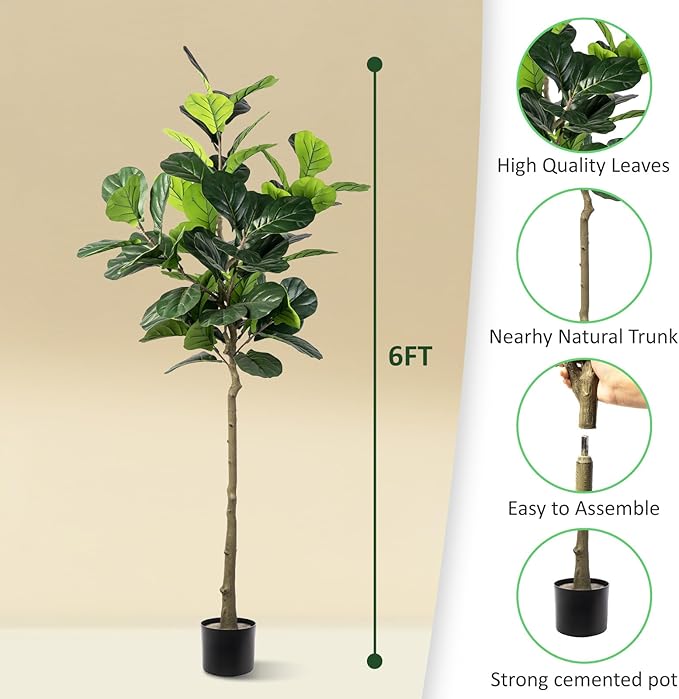 Artificial Fiddle Leaf Fig Tree, 6FT Faux Ficus Lyrata Plant Tall Fake Tree for Home Decor Artificial Tree for Indoor Office Living Room (Fiddle Leaf Fig Tree, 6 FT)