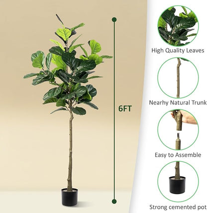 Artificial Fiddle Leaf Fig Tree, 6FT Faux Ficus Lyrata Plant Tall Fake Tree for Home Decor Artificial Tree for Indoor Office Living Room (Fiddle Leaf Fig Tree, 6 FT)