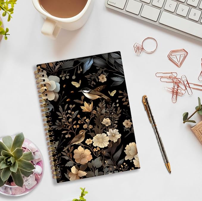 Vintage Botanical Floral Bird Spiral Notebook, Dark Cottagecore Flower Journal Notebook, Retro Wildflower Botanical Journaling Notebooks for Women, Moody Floral Office School Supplies Gifts, 5.5x8.3 In