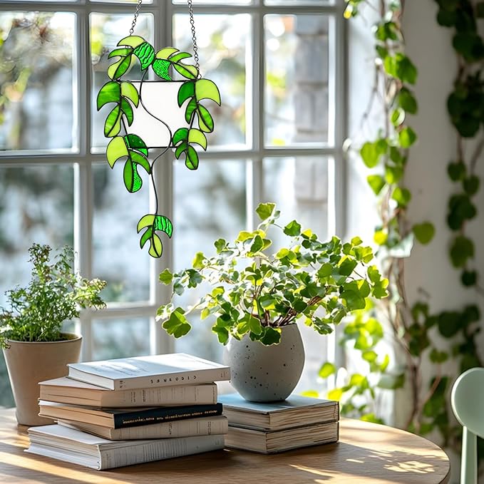 Monstera Stained Glass Window Hanging,Handcrafted Real Stained Glass Plant Suncatcher for Home Indoor Window Wall Decor, Gifts for Plant Lovers,Women,Mother's Day,Christmas