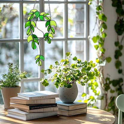 Monstera Stained Glass Window Hanging,Handcrafted Real Stained Glass Plant Suncatcher for Home Indoor Window Wall Decor, Gifts for Plant Lovers,Women,Mother's Day,Christmas