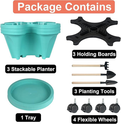 GameXcel Vertical Planter 3 Tier Stackable Planters Garden Planters Strawberry Herb Flower and Vegetable Planter Indoor Outdoor Gardening Pots with Removable Wheels and Tools