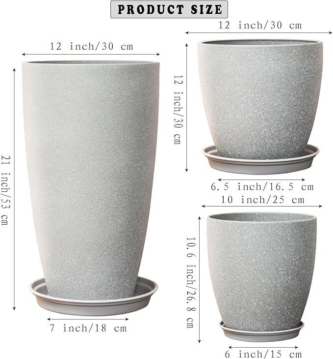 Tall Plant Pots Cement Grey Finish Unbreakable Flower Pot with Drainage Holes&Tray 11+12+21Inch H Planters For Garden Patio Indoor Outdoor Plants Modern Décor for Tall Plants Gift For Plant Lovers