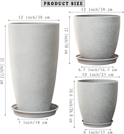 Tall Plant Pots Cement Grey Finish Unbreakable Flower Pot with Drainage Holes&Tray 11+12+21Inch H Planters For Garden Patio Indoor Outdoor Plants Modern Décor for Tall Plants Gift For Plant Lovers