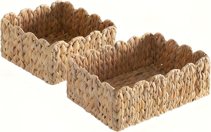 Scalloped Basket, Wicker Storage Baskets, Hand Woven Baskets for Shelves,Natural Baskets for Organizing (Water Hyacinth(S+M))