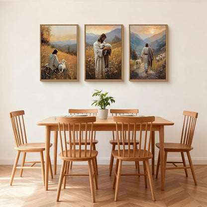 HOURIA Jesus Leaves The 99 Sheep Framed Canvas Wall Art Set,Christian The Lost Sheep Wall Decor,Jesus Embraces Lamb Artwork,Religious Biblical Art Prints for Living Room, Bedroom, Church- 16"x24"x3