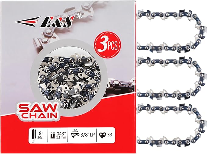 E & S 3 Pack 8 Inch Chainsaw Chain 3/8" LP Pitch .043" Gauge 33 Drive Links Semi-Chisel Chain Saw Chains for Husqvarna, Poulan, Craftsman, Greenworks and More Chainsaw Brands