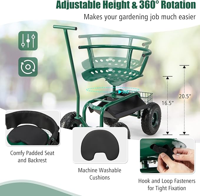 Goplus Rolling Garden Seat with Wheels, Outdoor Garden Cart with 360° Swivel Seat & Tool Storage, 2 Steering Handles, Gardening Stool Wagon Scooter, Lawn, Patio Gardening Workseat for Seniors