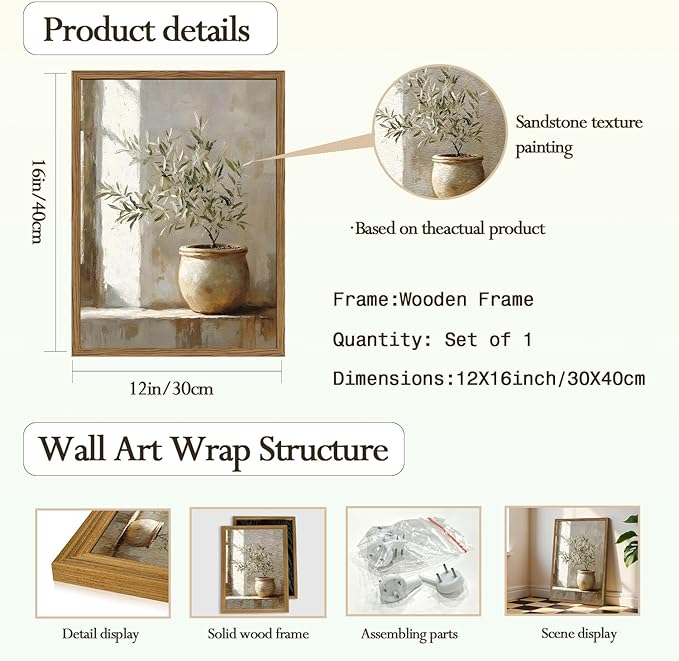 Framed Vintage Olive Tree Wall Art, 3D Textured Sandstone Botanical Pictures Wall Decor, Rustic Neutral Potted Plant Paintings Prints Aesthetic Farmhouse Home Decor for Living Room Bedroom 12x16 inch