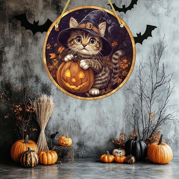Acrylic Window Hanging Pumpkin Wizard Cat Stained Panel Window Decoration for Halloween Decorations Outdoor Indoor Garden Yard Home Halloween Decor 8 Inch