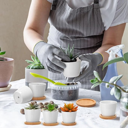 Hsei 12 Pack 2.5 Inch Mini Succulent Plant Pots Small Ceramic Flower Pot with Bamboo Tray Garden Cactus Herb Container, Home Office Decoration for Christmas Birthday Wedding Favor Gifts (White)