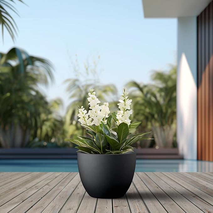 Kante 14.2 Inch Round Concrete Planter - Classic Large Indoor/Outdoor Plant Pot with Drainage Hole and Rubber Plug, Suitable for Gardens and Patios, Black