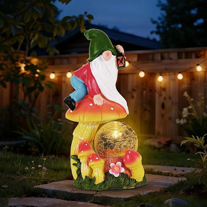 Garden Gnomes Outdoor Statues with Light, Gnomes Decorations for Yard, Solar Garden Gnome with Mushroom Decor, Lawn Ornaments for Patio, Balcony Housewarming- Unique Women Gifts
