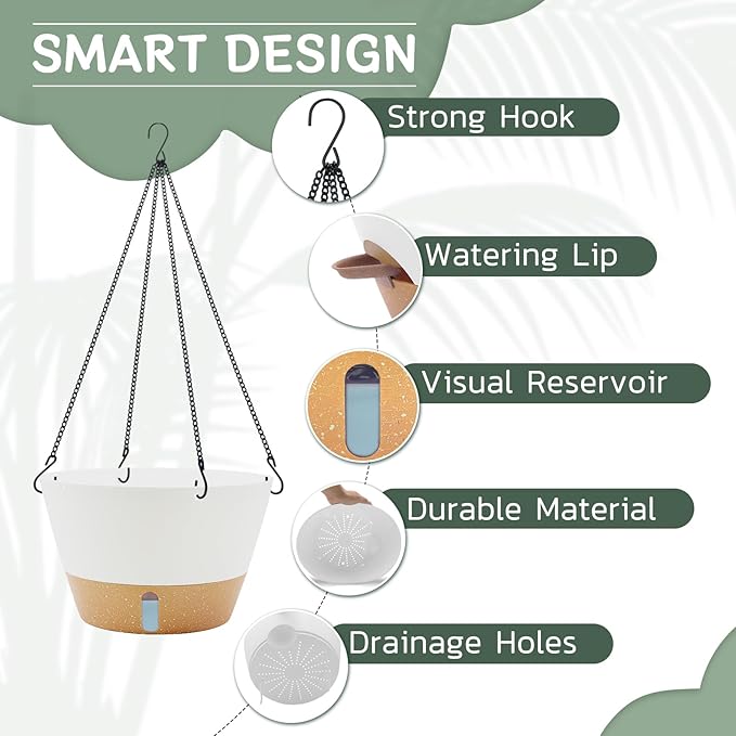 ZMTECH 2 Pack 12 Inch Hanging Planters, Large Hanging Plant Pot with Visible Water Level and Chain, Self Watering Hanging Flower Pot for Indoor Outdoor Garden Porch(White)