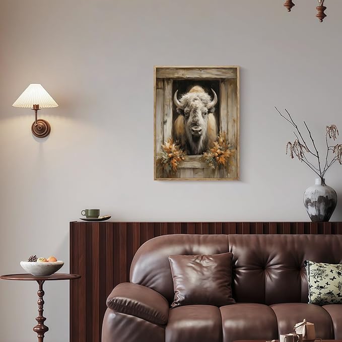 Vintage Canvas Wall Art Cow Wall Decor Animal Country Wildflowers Oil Painting Farmhouse Picture Modern Print Rustic Floral Prints Living Room Bedroom Bathroom 12x16 Inch Framed
