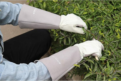 HANDLANDY Long Gardening Gloves for Men & Women, Thorn Proof Rose Pruning Gloves Leather Gauntlets Garden Glove Yard Work Glove (Small, Grey)