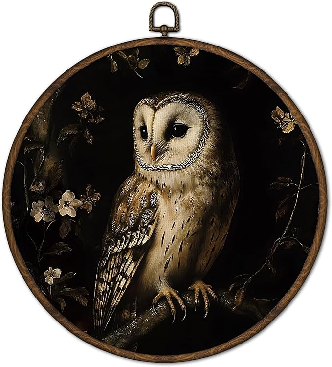 cvjutf Moody Gothic Barn Owl Wall Art Decor Framed, Dark Academia Cottagecore Owl Botanical Round Wall Decor Decorations, Gothic Witchy Canvas Prints Art for Home Bedroom Living Room Gallery, 10x10