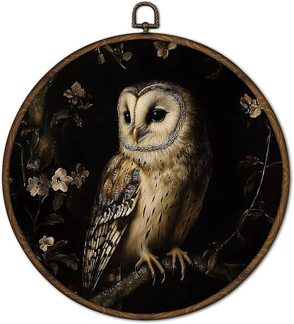cvjutf Moody Gothic Barn Owl Wall Art Decor Framed, Dark Academia Cottagecore Owl Botanical Round Wall Decor Decorations, Gothic Witchy Canvas Prints Art for Home Bedroom Living Room Gallery, 10x10