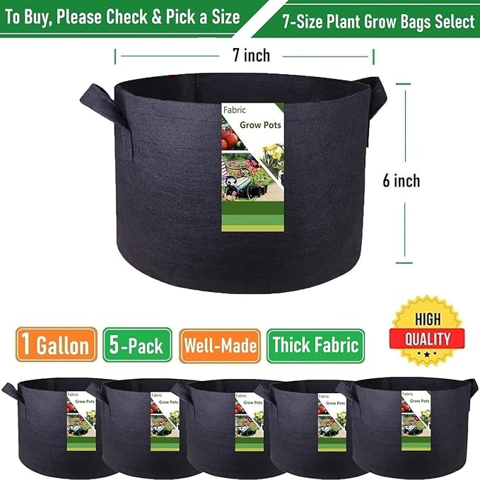 5-Pack 1 Gallon Thickened Plant Grow Bags (7x6 inch) Nursery Bags Fabric Plant Pots for Flower Pot,Herbs Veggies Planter Bag,Garden Pots,Barrel Planter,Garden Bag,Plant Container with Gardening Gloves
