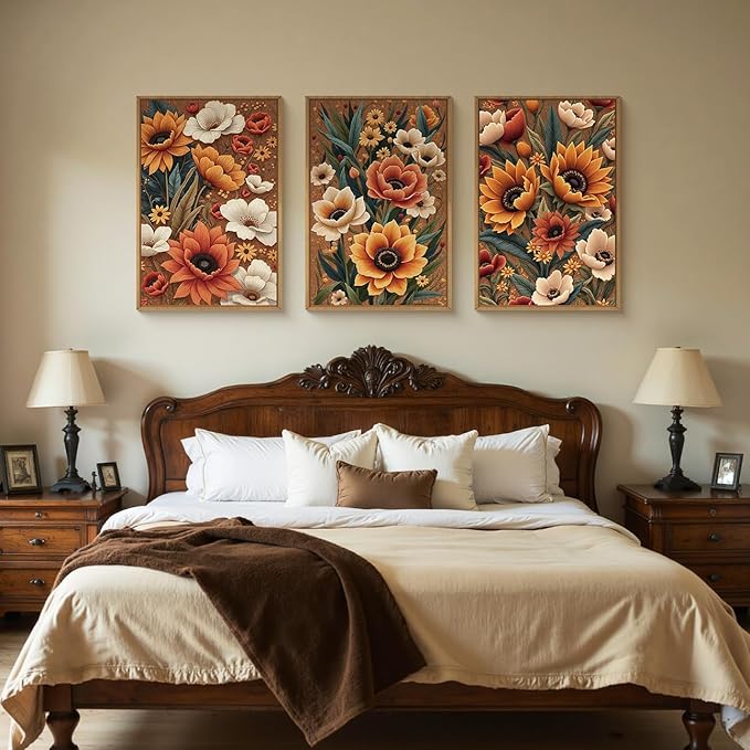 Large Boho Flower Botanical Framed Canvas Wall Art,Abstract Floral Wall Decor,Embroidery Plant Painting,Bloom Wildflower Artwork for Living Room,Bedroom,Dining Room,Office -16"x24"x3