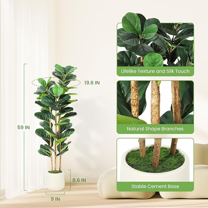 5ft Faux Fiddle Leaf Fig Tree with White Planter, Floor Fake Plants, Realistic Artificial Plants for Home Office Living Room Decor, Housewarming Gift