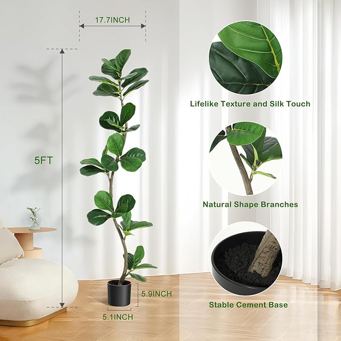 Artificial Fiddle Leaf Fig Tree, 5ft Faux Ficus Tree with Black Nursery Planter, Fake Plant for Home, Office, Living Room