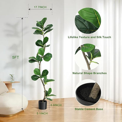 Artificial Fiddle Leaf Fig Tree, 5ft Faux Ficus Tree with Black Nursery Planter, Fake Plant for Home, Office, Living Room