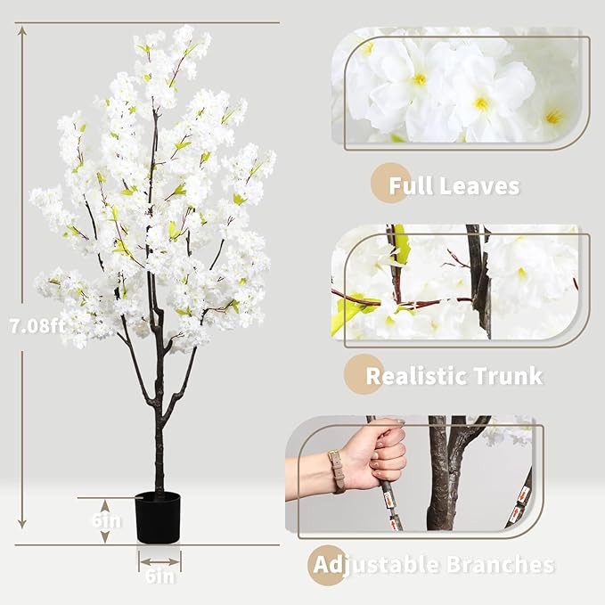 Indoor Cherry Blossoms Tree White Artificial Cherry Blossom Tree 6FT Faux Bedroom Trees for Home Christmas New Year Decor