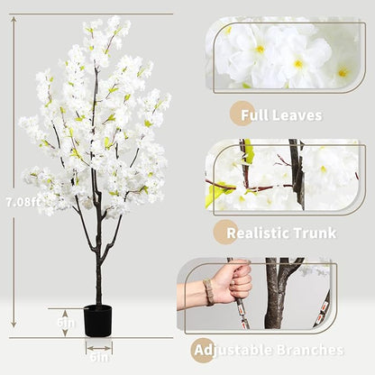 Indoor Cherry Blossoms Tree White Artificial Cherry Blossom Tree 6FT Faux Bedroom Trees for Home Christmas New Year Decor