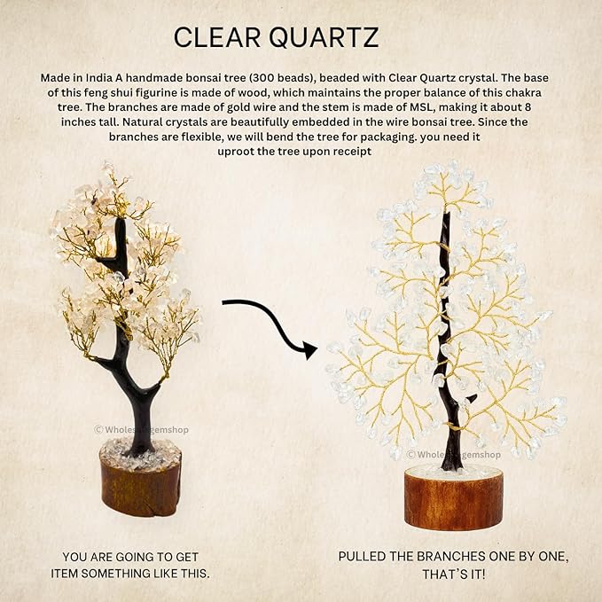 GEMSCITE Clear Quartz Crystal Tree with Golden Wire – Handmade Gemstone Bonsai for Energy Healing & Home Decor