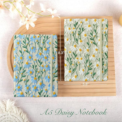 Daisy Gifts, Embroidered Journal, Floral Notebook, A5, 8"x6", Lined, Wide Ruled Paper, Hardcover, Lay Flat, Pretty Journal for Women, Personal Journal, White Daisy Flowers, with Elastic Band