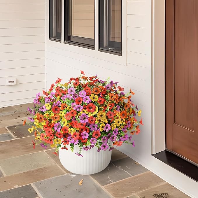 FGSAEOR 12 Bundles Artificial Flowers for Outdoor Indoor, Faux Flower Daisy with Eucalyptus Leaves Fake Plants Greenery, Garden Home Decor for Boxwood Porch Patio (Red/Pink/Purple/Yellow)