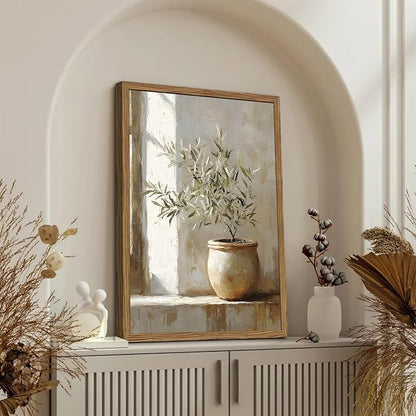 Framed Vintage Olive Tree Wall Art, 3D Textured Sandstone Botanical Pictures Wall Decor, Rustic Neutral Potted Plant Paintings Prints Aesthetic Farmhouse Home Decor for Living Room Bedroom 12x16 inch