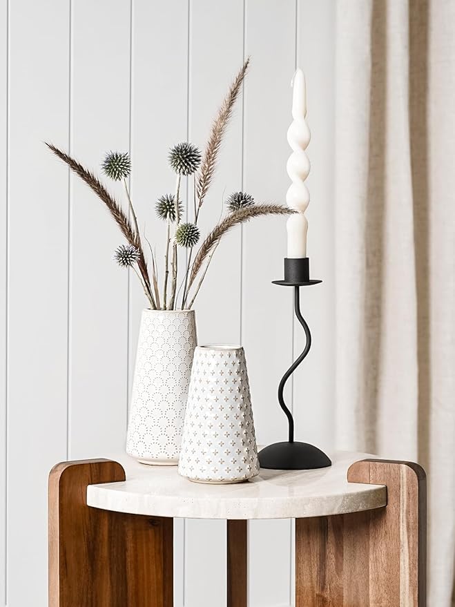 Small Flower Vase for Decor, 6 Inch White Ceramic Embossed Vase for Lego Flowers, Tulip and Pampas Grass, Home Living Room Dining Table Office Decor, Arctic White-Clover