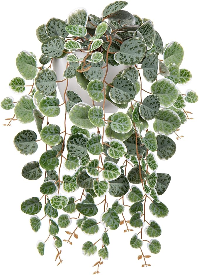 Briful Faux Hanging Plants Indoor 17'' Artificial String of Heart Plants with Semicircle Wall Mount Planter Faux Draping Vine Plants for Home Office Bathroom Hanging Decor (Green White)