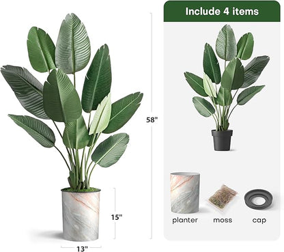 Artificial Tree in Modern Granite Effect Planter, Fake Bird of Paradise Silk Tree for Indoor and Outdoor Home Decoration - 58" Overall Tall (Plant Pot Plus Tree)