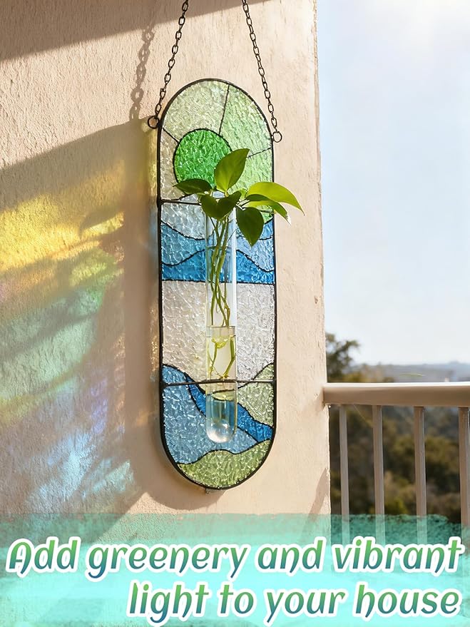 Stained Glass Plant Propagation Stations - Handmade Sunshine Catcher Hydroponic Planter Window Hanging with Glass Tubes, Christmas Terrarium Decor Gifts for Women Mom Plant Lovers, Green
