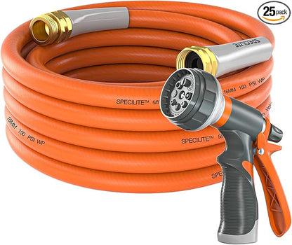 SPECILITE Garden Water Hose 25 ft x 5/8 in Heavy Duty, Flexible and Lightweight, Burst 600 psi, Kink-less Hybrid Rubber Pipe for Backyard, 3/4'' Brass Fittings, Orange
