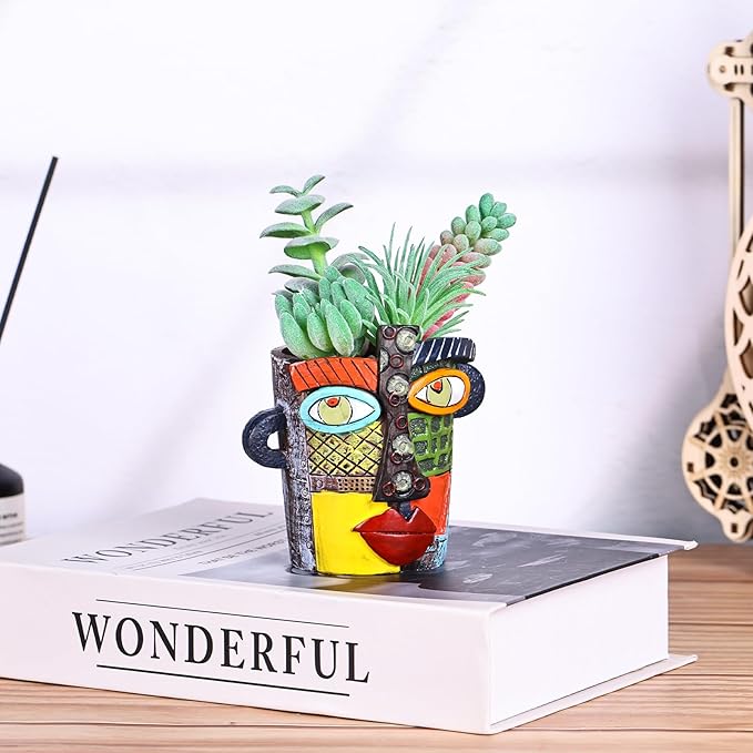 Mini Face Planters Pots Head, Abstract Colorful Graffiti Cute Mini Pots for Plants with Drainage, Ideal for Indoor Outdoor Unique Planters for Plants (Colored)